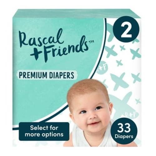 Rascal + Friends Premium Diapers Size 2, 33 Count - Leak Protection, Dermatest Certified, Vegan, 12 Hour Protection