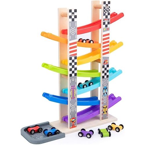 Wood City Toddler Toys for 1 2 3 Years Old, Wooden Car Ramp Racer Toy Vehicle Set with 7 Mini Cars & Race Tracks, Montessori Toys Craft Gift for Toddlers Boys and Girls