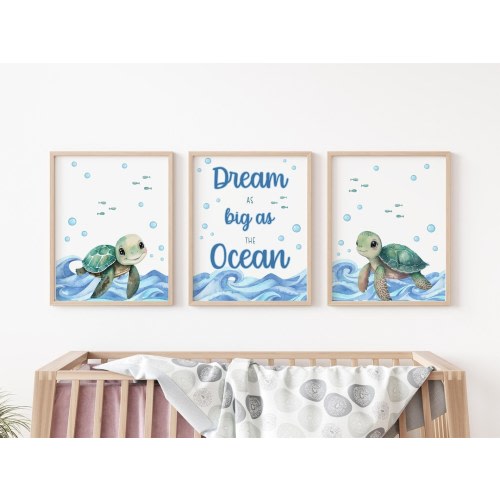 Turtle Nursery Wall Art Poster, Ocean Nursery Decor, Ocean Life Posters, Set of 3 Mailed Posters, Under The Sea Nursery O33