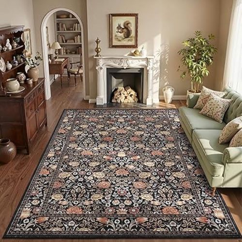 GarveeHome Brown Vintage Floral Washable 6x9 Area Rugs for Living Room Black Boho Botanical Retro Rug Low Pile Non Slip Carpet for Bedroom Nursery Dining Room