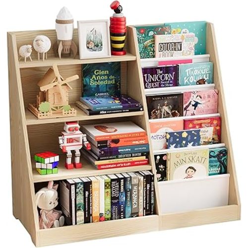 KIDINIX 5 Tier Kids Bookshelf with Storage,Toddler Book Display Shelves,Wooden Children Book Rack, Montessori Kids Story Book, Painting Book Organizer, Suit for Kids Room, Nursery,Living Room, White