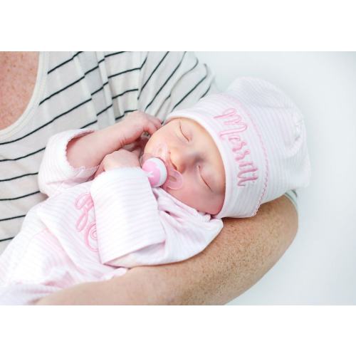 Baby girl coming home outfit, monogrammed newborn outfit, pink stripes outfit, pima cotton, personalized baby shower gift, mini stripes