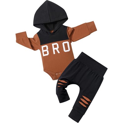 Fommy Newborn Baby Boy Clothes Plaid Letter Print Long Sleeve Hoodies + Long Pants 2PCS Fall Winter Outfits Set - Brown+bro - 3-6 Months