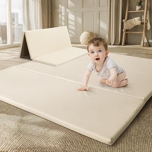 Foam Baby Play Mat: PU Leather Waterproof Kids Playmat - Trifold Floor Mat - Large Play Mat for Playpen Thick Pad Fodable Mattress Soft Toddler Mattress Infant Cushion for Preschool (Beige)