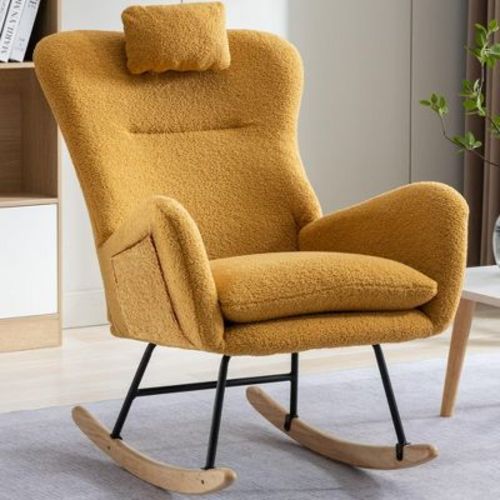 Aukfa Soft Teddy Fabric Rocking Chair w/Pocket - Ergonomic Nursery Glider, Solid Wood Base, 260LB Capacity for Living Room & Bedroom