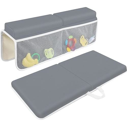 Bath Kneeler with Elbow Rest Pad Set, 1.5 inch Kneeling Pad Mat for Bathtub Baby Bathing Parents, Painless Foam Mat with Toy Organizer Pockets, Non-Slip for Baby and Toddler Bathing,Dark Grey