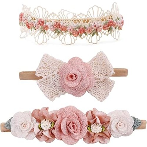cherrboll 3pcs Baby Girl Headbands Flowers, Super Soft & Stretchy Nylon Floral Hairbands for Newborn Toddler