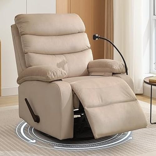 Swivel Rocker Recliner Chair for Adults, Rocking Recliner Chair, Manual Small Recliners for Small Spaces, Living Room, Nursery, RV, Beige
