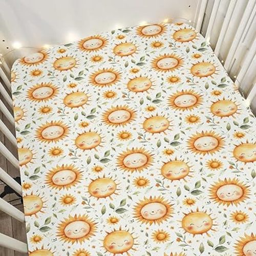 Happy Sun Baby Crib Sheets for Boy Girl 52x28Inch Cute Sun Leaves Soft Stretchy Fitted Crib Mattress Cover Boho Sunshine Baby Sheet Fits for Standard Crib and Toddler Mattresses