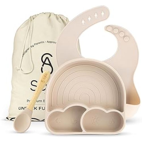 Baby Led Weaning Utensils, Silicone Baby Feeding Set, First Stage Baby Plate, Silicone Divided Suction Plate, Bib, Spoon, Gift Bag, Toddler Essential Baby Plate, Baby Utensils 6-12 months