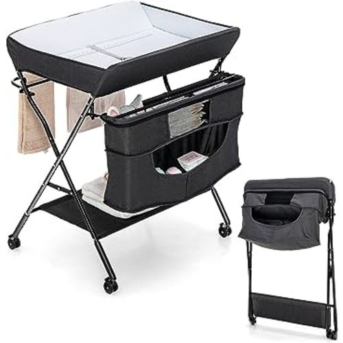 HONEY JOY Changing Table, Folding Mobile Nursery Organizer w/Wheels, Adjustable Height, Storage Bag & Open Shelf, Portable Diaper Changing Station for Newborn (Black, 31.5"x26"x40")