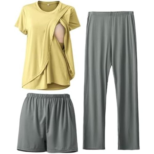 Rnxrbb 3 Piece Postpartum Nursing Pajamas Set Casual Soft Maternity Breastfeeding Pjs Sleepwear Loungewear Clothes Layer