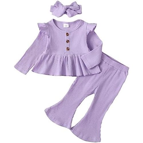 Baby Girl Clothes Toddler Girl Cotton Outfit Rib Long Sleeve Shirt Top Solid Pants Infant Girls Set