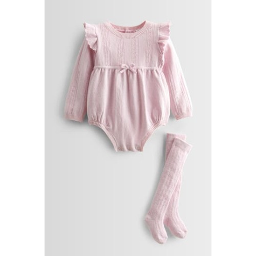 Pointelle Long Sleeve Sweater Romper & Socks Set, 6M