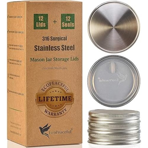 316 Surgical Stainless Steel Mason Jar Lids WIDE Mouth - Rust-proof, Airtight, Leak-proof, BPA-Free, PVC-free, Vegan, Reusable - Not for Canning
