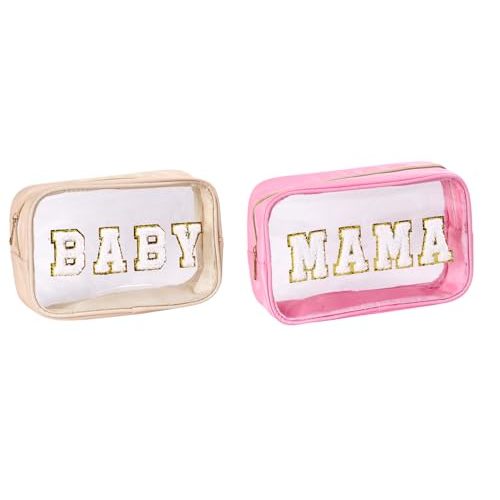 2pc Mama Baby Papa Clear Pouch Set with Chenille letters – Travel Makeup Toiletry Organizer Bags for Family Packing – Cute Personalized for Vacation, Hospital & Diaper Bag Essentials