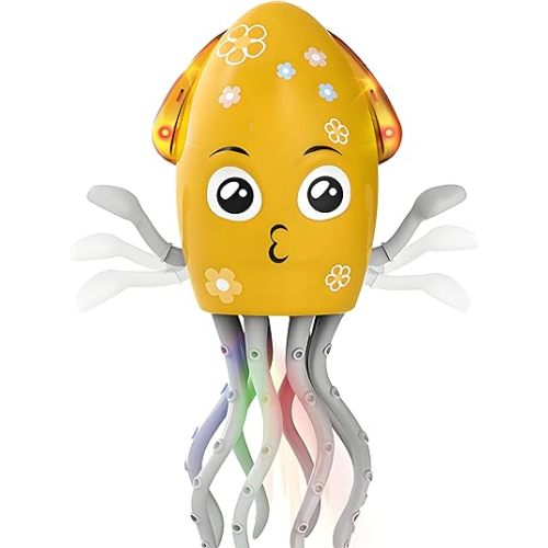 Dancing Octopus Toy Electric Crawling Baby Toy with Lights & Music Tummy Time Octopus Toy | DIY Expressions, Obstacle Avoidance | for Boys and Girls Party Gift Birthday, Christmas (Yellow)
