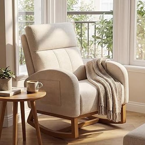 Gaussen Glider Rocking Chair Nursery Comfy Accent Chair with High Backrest Upholstered Living Room Chairs with Side Pocket Armchair Reading Chair for Bedroom Nursery Office, Cream
