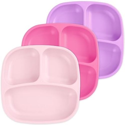 Re-Play Made in USA 7" Deep Walled Divided Plates for Kids, Set of 3 - Reusable 3 Compartment Plates, Dishwasher and Microwave Safe - 7.37" x 7.37" x 1.25", Princess