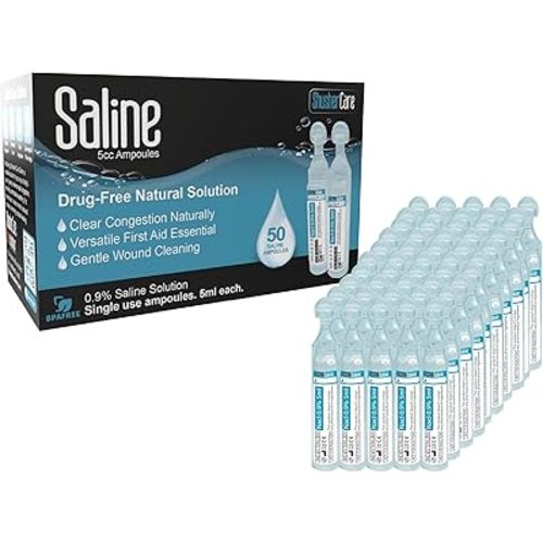 Saline Ampoules - Saline Solution for Nebulizer, Sodium Chloride 0.9% for Nose & Eyes, Nasal Cleanse for Babies, Kids, & Adults, Sterile Nasal Care, Wound Cleansing - 50 Count (5ml Each)