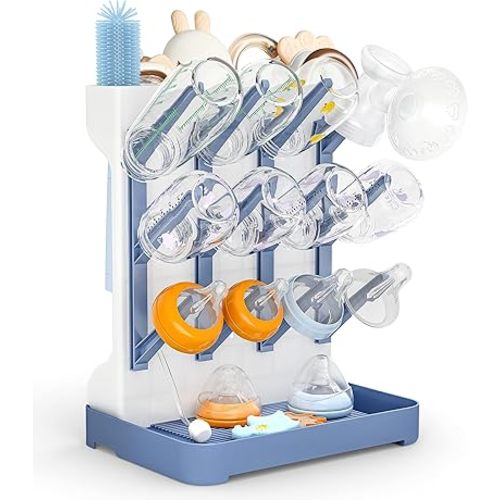 GoMaihe Baby Bottle Drying Rack: Space Saving Vertical Bottle Dryer Holder - Baby Accessories Storage Stand Organize Brushes Pacifiers on Countertop - BPA-Free - Blue
