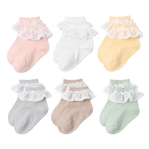VINIKNIKA 6 Pairs Baby Girls Socks - Newborn Ruffle Lace Princess Frilly Knit Cotton Socks