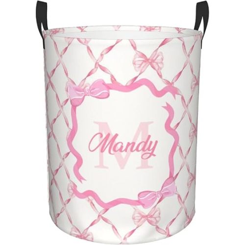 Personalized Laundry Basket for Nursery, Custom Nursery Laundry Hamper with Name, Customize Baby Clothes Circular Hamper for Boys Girls Room Decor, Pink Bow