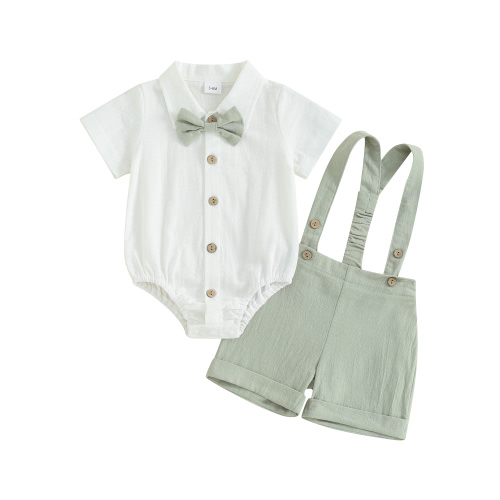 Mevireiy Baby Boys Suspender Overalls Shorts Gentleman Outfit Bow Tie Dress Shirt Tops,Green,0-3 Months