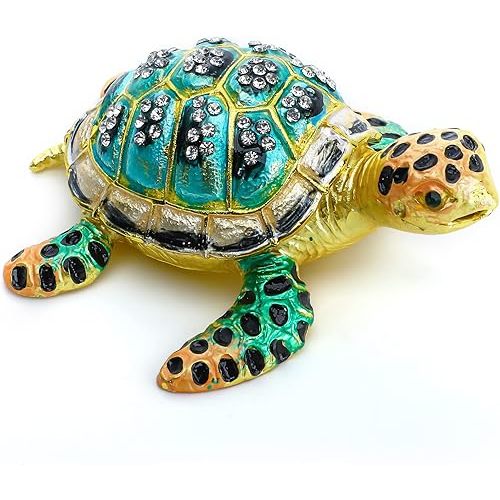 YU FENG 3inch Bejeweled Enamel Sea Turtle Trinket Box with Sparkling Crystals,Hand-painted Hinged Jewelry Storage Box Ring Holder Figurine Collectible