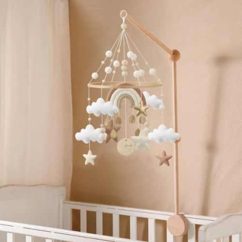 Rainbow Mobile for Crib - A Gender Neutral Boho Mobile for Crib with Gold Stars and Clouds