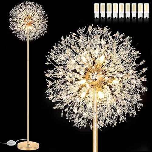 BesLowe 69'' Crystal Floor Lamp for Living Room, Modern Standing Lamp with 738PCS K9 Crystals, Tall Lamp Pole Light for Bedroom Office, Mid Century Gold Floor Lighting with 9 LED Bulbs, Antique Brass