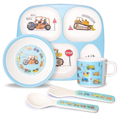 5-Piece Kids Melamine Dinnerware Set – Plate, Bowl, Cup, Fork & Spoon – BPA-Free, Durable & Lightweight Cartoon Set for Toddlers (tool cart)