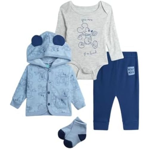 Disney Baby Boys and Girls Take Me Home Set - 4 Piece Unisex Infant Bodysuit, Hooded Jacket, Pants, and Socks (Sizes: 0-9M)