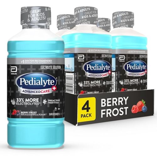 Pedialyte AdvancedCare Plus Electrolyte Hydration Drink, Has 33% More Electrolytes and Has PreActiv Prebiotics, Berry Frost, 1 Liter, Pack of 4