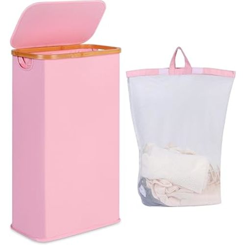 Slim Laundry Hamper, Narrow Laundry Basket with Lid,Foldable Clothes Hamper with Bamboo Handles,Hamper Basket with Removable Inner Bag for Laundry Room Bedroom College Dorm,60L Pink