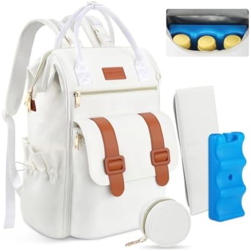 PIIOSER Diaper Bag Backpack with Ice Pack, Large Capacity & Waterproof Convertible Diaper Bag Tote for Moms Dads, Insulated Baby Tote Bag with Changing Pad, Stroller Straps & Pacifier Case, Cream