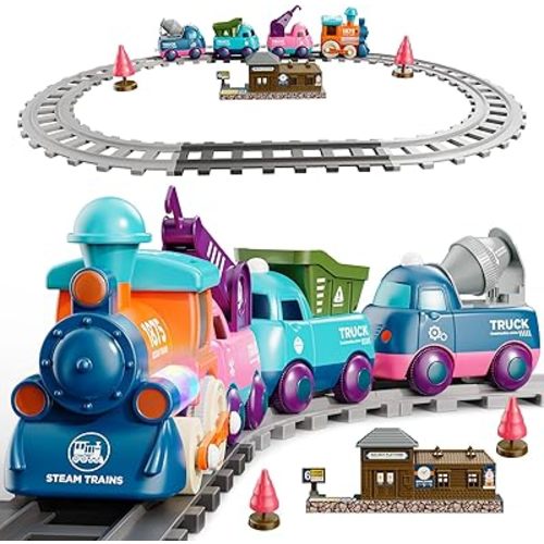 Train Set for Toddlers, Magnetic Train Toys for Toddlers 3+ Electric Train Set with Train Tracks Accessories Battery Operated, 4pcs Trucks Toy Train for Boys and Girls