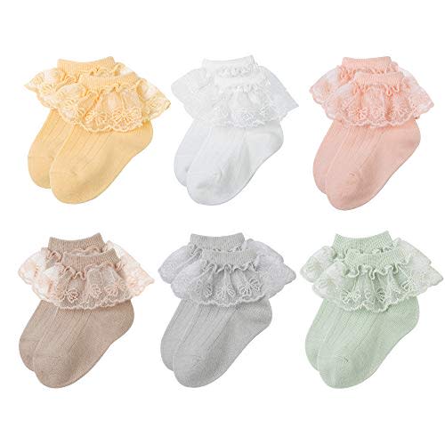 VINIKNIKA 6 Pairs Baby Girls Socks - Newborn Ruffle Lace Princess Frilly Knit Cotton Socks