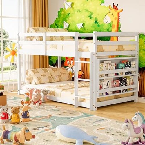 Low Bunk Bed Twin Over Twin, Floor Bunk Bed with Bookshelf&Ladder, Twin Bunk Bed with Full Guardrails, Wooden Bunk Bed for Juniors, Boys, Girls, Kids, Bedrooms (White)