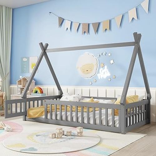 Twin Floor Bed for Kids Tent-Shaped Montessori Floor Bed with Slats and Guardrails Twin Size Wood Teepee Bed Frame with Fence and Door for Boys Girls, Grey