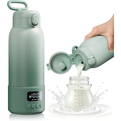 Portable Bottle Warmer for Travel, 17oz Large Capacity, 2-Min Fast Heating, Keep Warm Function, Long Battery Life, Ideal for Heating Breast Milk and Water On-the-Go, Green