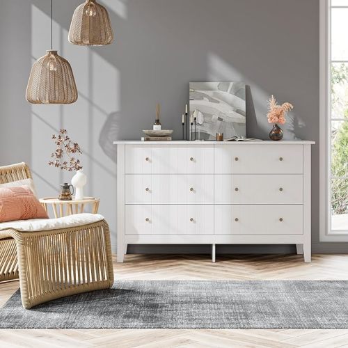 FOTOSOK White Dresser, Chest of Drawers, Modern 6 Drawer Double Dresser with Deep Drawers, Wide Storage Organizer Cabinet for Living Room, Hallway