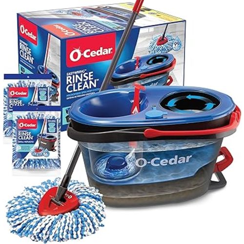O-Cedar RinseClean Spin Mop & Bucket System + 2 Extra Mop Heads | Clean with Water | Removes 99% of Bacteria