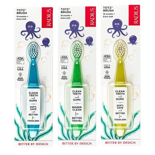 RADIUS Children's Toothbrush, Totz Brush, Extra Soft Bristles, Blue/Green/Yellow, BPA Free & ADA Accepted, Designed for Delicate Teeth & Gums for Children 18 Months & Up, Pack of 3