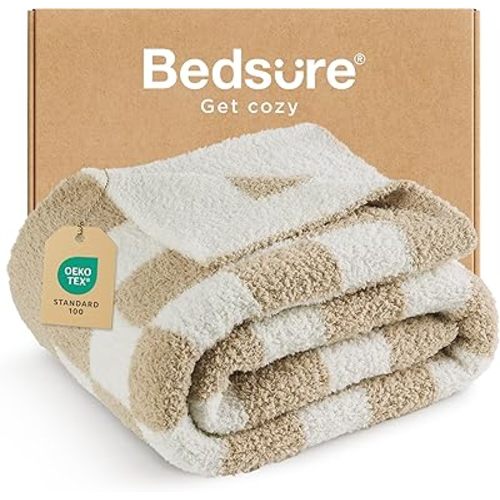 Bedsure Checkered Throw Blanket for Couch - Super Soft, Cozy & Warm Knit Blanket, Breathable, Lightweight & Fluffy for Bed & Sofa, Checkered Beige, 50x60 Inches