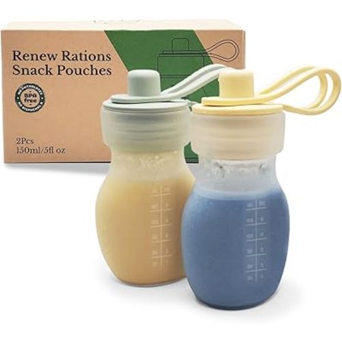 Silicone Reusable Pouches for Toddlers, Refillable BPA-Free Baby Food Pouches, Freezer & Dishwasher Safe - Ideal for Baby Food Puree, Applesauce & Smoothies 150 ml / 5 oz - Pack of 2