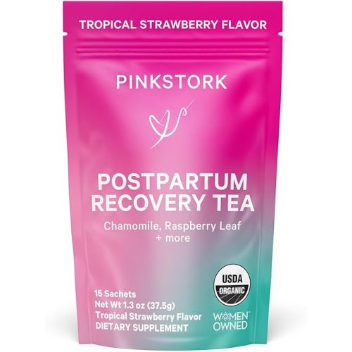 Pink Stork Postpartum Recovery Herbal Tea, Organic Red Raspberry Leaf with Chamomile, Hormone Balance for Women After Labor and Delivery, Strawberry Passion, Hot or Iced, Caffeine-Free, 15 Sachets