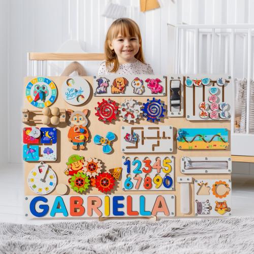 Wooden Animal Busy Board | Personalized Name Puzzle | Baby Girl Gift | Nursery Decor | First Christmas Gift | Wooden Toys, 1st Birthday Gift
