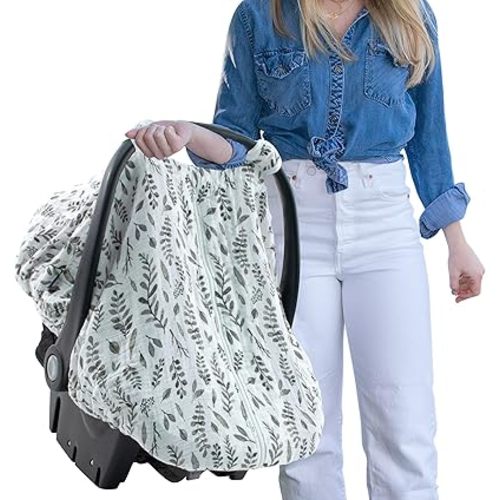 Bebe au Lait Classic Muslin Car Seat Cover -Perfect Baby Car Seat Covers for Babies, Car Seat Canopy, Unisex Baby Car Seat Cover- Easy Snap Straps, Fully Zippered Opening, Breathable- Leaves