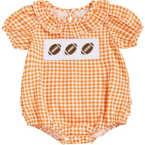 Newborn Baby Girl Football Outfit Smocked Bubble Romper Rugby Short Sleeve Plaid Bodysuit Infant Summer Clothes